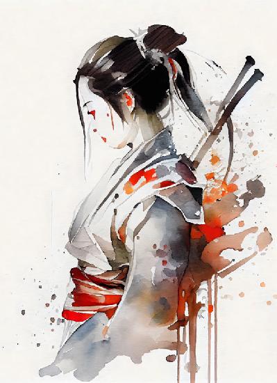 Luchadora japonesa de geishas con espadas samuráis. retrato de acuarela