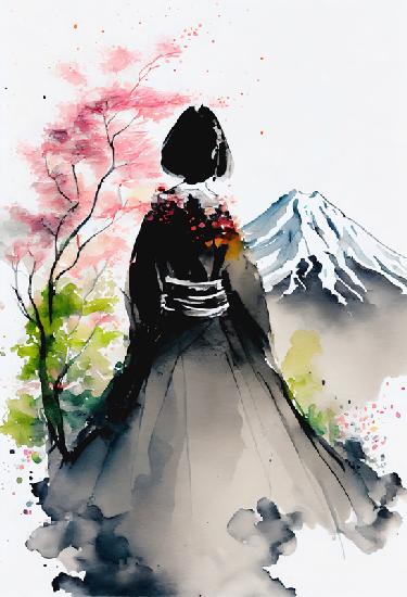  Geisha japonesa mira el paisaje con el nevado Monte Fuji