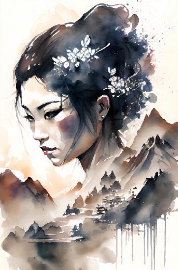 Geisha japonesa con flores en el pelo frente a un paisaje montañoso. Acuarela.