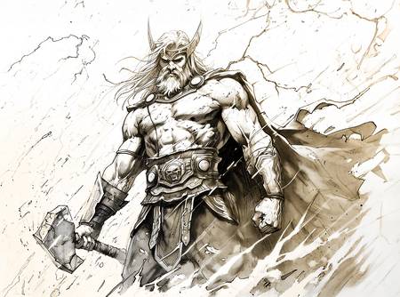 Dibujo a lápiz del dios nórdico Thor empuñando su poderoso martillo, Mjölnir, mientras los rayos ilu