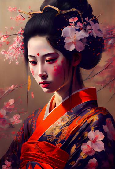La magia de las flores: una geisha rodeada de belleza floral