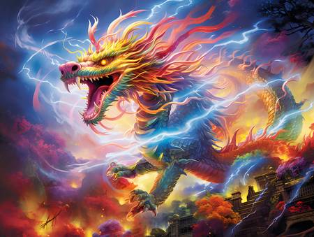 Dragón chino del arco iris con relámpagos en el cielo.
