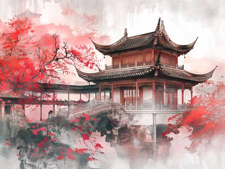 Templo chino durante la temporada de floración de los cerezos.