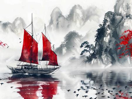 Barco chino en el mar con montañas