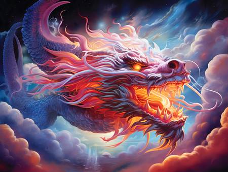  El dragón celestial a la luz de la luna. Año del Dragón. Dragón chino.
