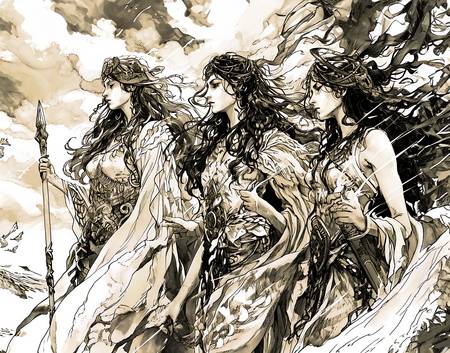 Dibujo a lápiz de las Tres Nornas, las diosas del destino de la mitología nórdica.