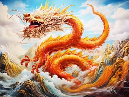 Dragón chino dorado sobre el mar y las montañas. Año del dragón.