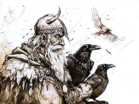 Título: Dibujo a lápiz de Dios Odín con los dos cuervos Hugin y Munin