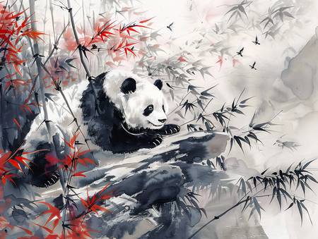 China. Gran panda descansando en el bosque de bambú.