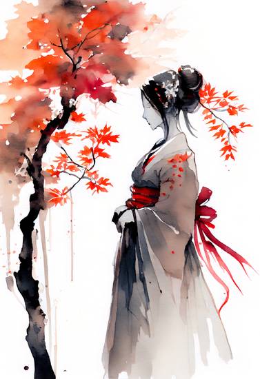 Geisha japonesa con arce otoñal. acuarela