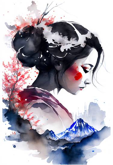 Geisha japonesa con rama de flor de cerezo sakura y montaña Fuji. acuarela