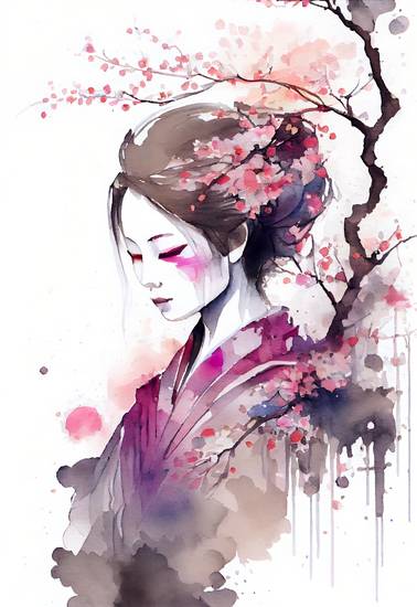  Flor de cerezo japonés. Retrato de una geisha en primavera.