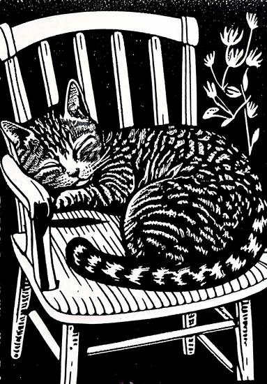 El gato duerme en una silla de jardín. linografía