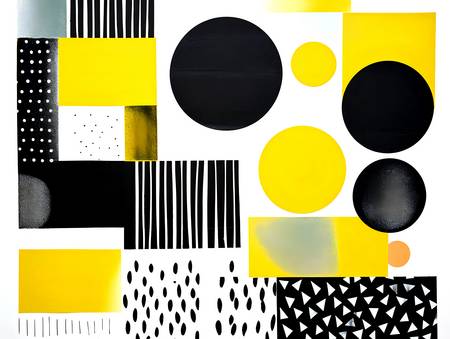 Abstracción Contrastante: Círculos y Cuadrados Amarillos, Negros y Blancos en Linograbado Geométrico