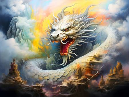 Vuelo mágico del dragón sobre el mar brumoso. Año del Dragón con dragón chino.