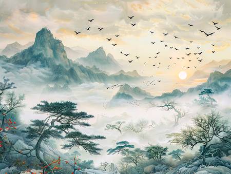 Sol de la mañana sobre las montañas de China. Bandada de pájaros.