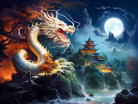 Vuelo místico de cometas sobre las montañas. Año del dragón. Dragón chino.