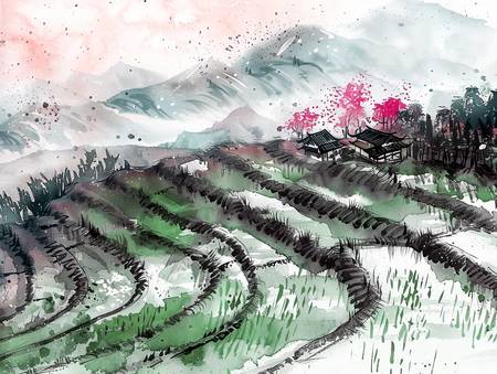 Terrazas de arroz en China. Dibujo a tinta.