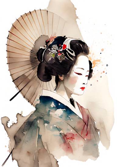  Geisha japonesa tradicional con kimono y sombrilla. acuarela