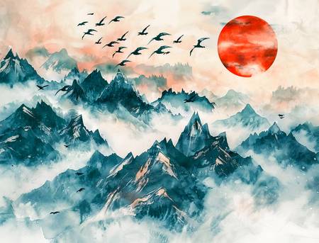Pájaros volando sobre las montañas de China hacia el sol rojo.