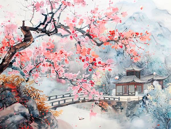 Tiempo de floración de los cerezos en China con templo y puente sobre el agua de Anja Frost