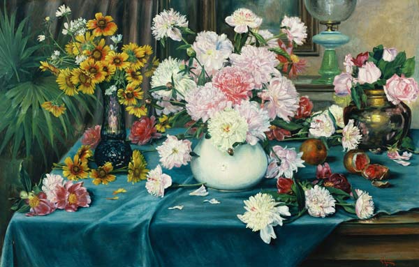 Pfingstrosen, Rosen und andere Blumen in Vasen de Anna Knittel