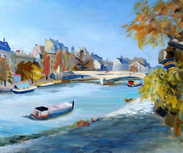 Barge sailing down the river Seine in Paris (oil on canvas)  de Anne  Durham