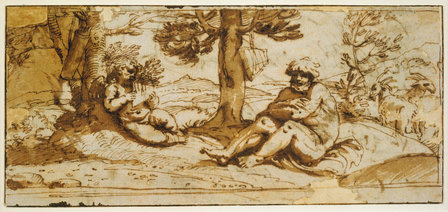 Amor, Playing the Flute, and Silen in an Arcadian Landscape de Annibale Carracci
