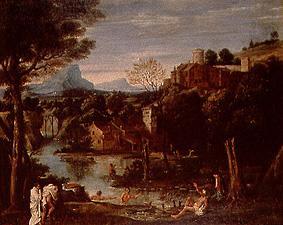 Landscape with river and castle de Annibale Carracci