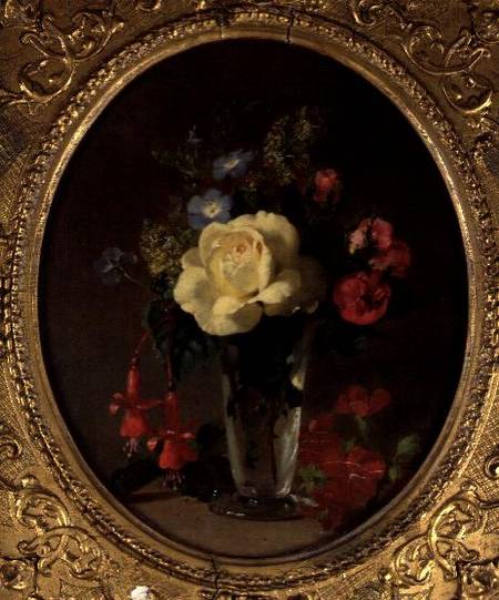 Still Life of a Yellow Rose, Mignonette and Fuchsias de Annie Feray Mutrie