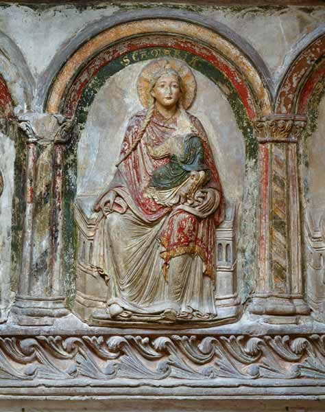 Maria mit dem Kind umgeben von 6 Aposteln (Südliche Chorschranke), Detail: Maria. Ende 12. Jh. de Anonym Romanisch