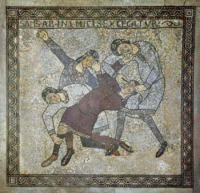 Blendung Samsons, Mosaikfußboden in der Krypta de Anonym Romanisch
