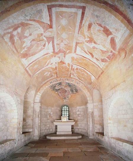 The Crypt, from the earlier church of 1030, with frescoes of Christ on a white horse surrounded by a de Anonym Romanisch