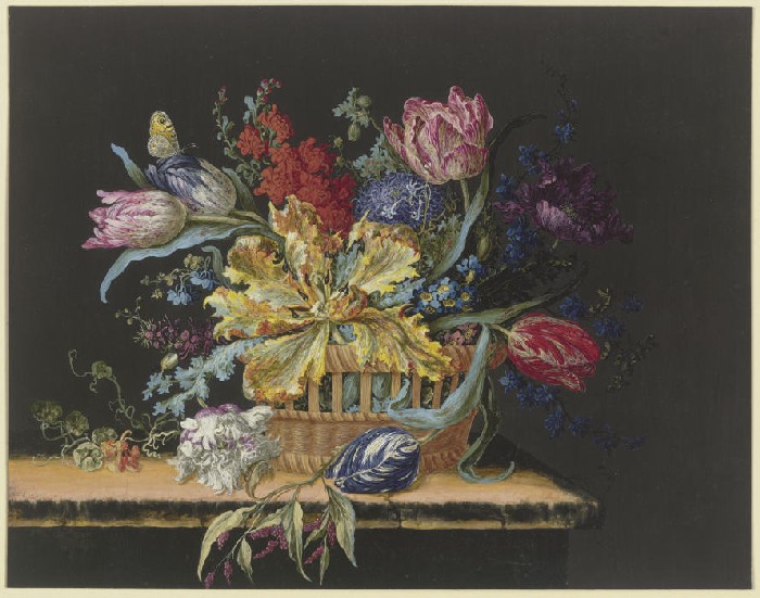 Blumenkorb mit Tulpen, Levkojen, Rittersporn und anderen Blumen auf einem Tisch de Anonym