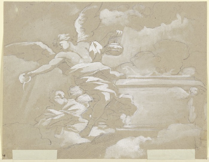 Ein Engel an einem Altar auf Wolken gießt eine Schale aus de Anonym