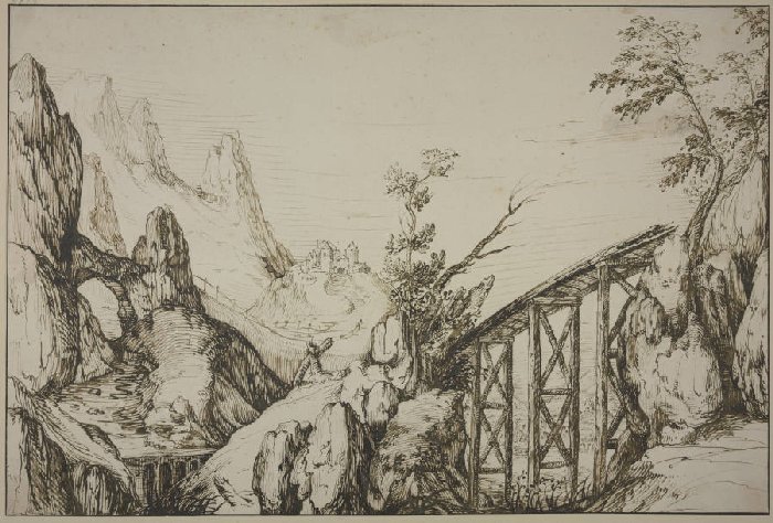 Felsige Landschaft, rechts eine steile Holzbrücke de Anonym