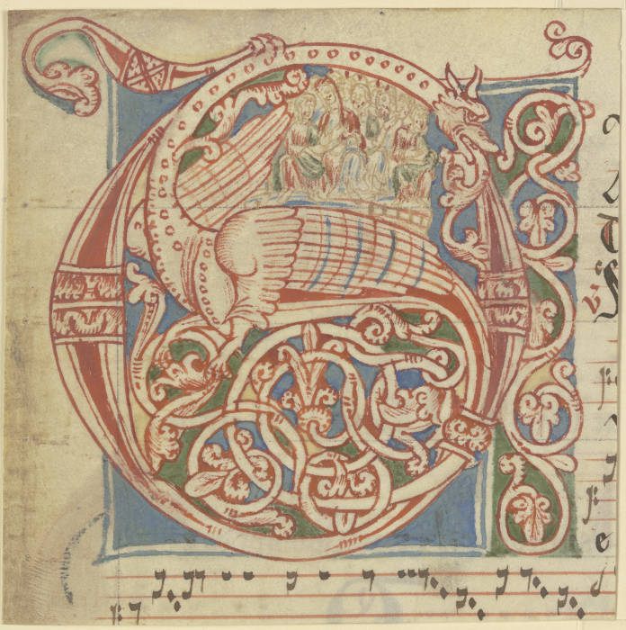 Initiale C oder G, Ornament mit geflügltem Drachen (verso Textfragment) de Anonym