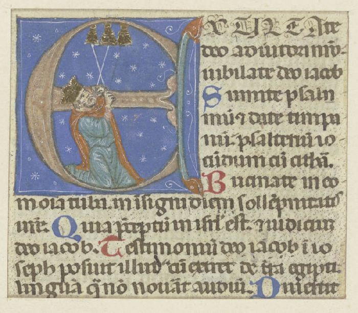 Initiale E: Darin ein kniender Mann mit Krone, drei Glocken läutend (verso Textfragment) de Anonym
