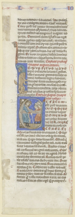 Initiale E: Ein nimbierter bärtiger Mann mit Stab belehrt eine Schar von Jünglingen (verso Textfragm de Anonym