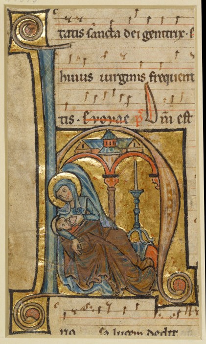 Initiale H: Maria gibt dem Jesuskind die Brust de Anonym