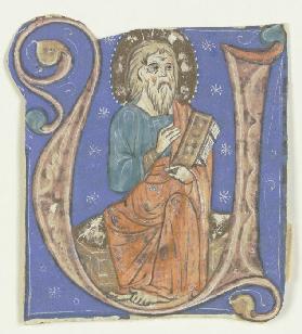 Initiale U: Darin ein nimbierter bärtiger Mann mit Codex (verso Textfragment)
