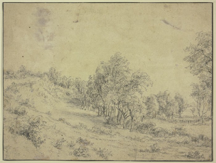 Landschaft, an einem Hügel Baumgruppen, rechts ein Zaun de Anonym
