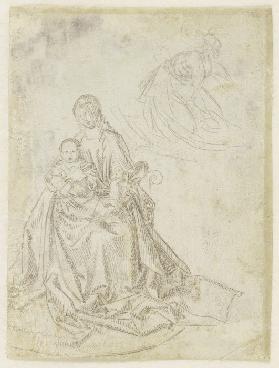 Maria mit dem Kind sowie eine skizzierte kniende Figur