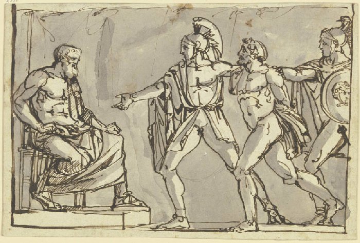 Szene aus der griechischen oder römischen Sage: Ein Gefangener wird von zwei Kriegern dem König vorg de Anonym