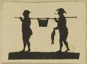 Zwei einen Bottich mit Fischen tragende Männer, der hintere hält einen Fisch in der Hand