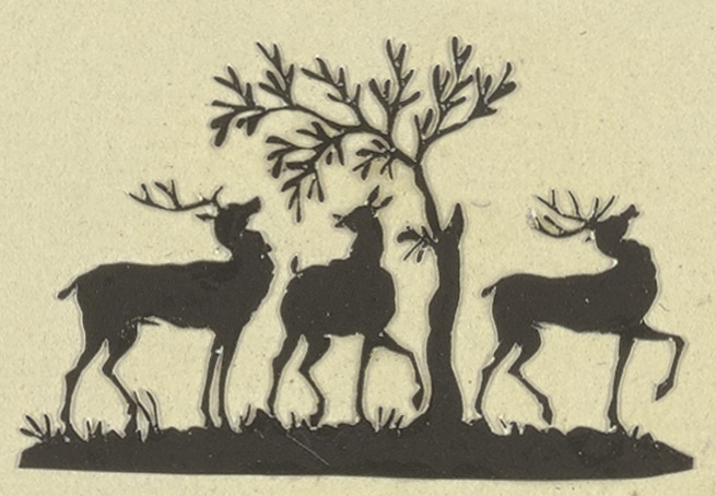 Zwei männliche Hirsche und eine Hirschkuh unter einem Baum de Anonym