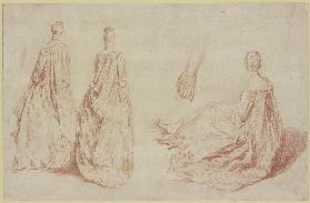 Zwei stehende Damen in Rückansicht, eine Hand und eine sitzende Dame