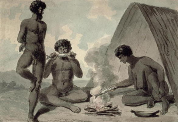 Aborigines eating fish in front of a campfire, possibly by Philip Gidley King (1758-1808) (w/c) de Anonymous