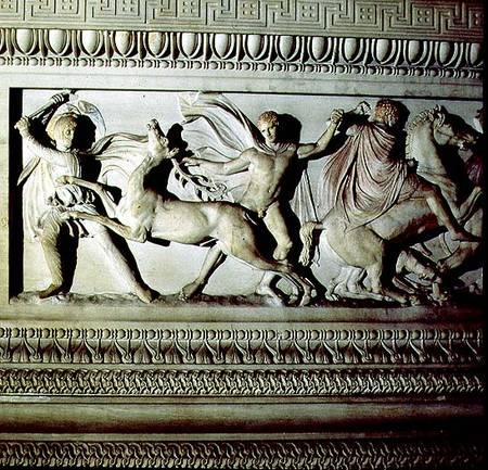 Alexander Sarcophagusdetail of frieze depicting two men killing a deer de Anonymous