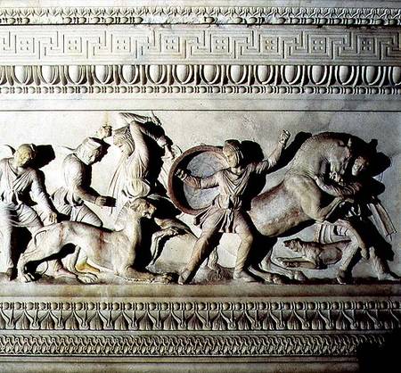 Alexander Sarcophagusdetail of soldiers attacking a lion de Anonymous
